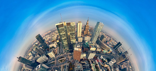 Beautiful panoramic aerial drone view to panorama cityscape of Warsaw modern City, PKiN and 