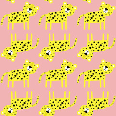 Colorful seamless pattern with leopards. Decorative cute wallpaper, good for printing. Overlapping colored background vector. Design illustration with animals