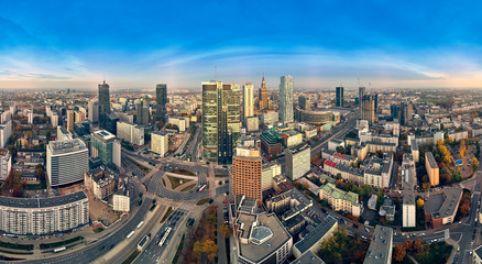 Fototapeta na wymiar Beautiful panoramic aerial drone view to panorama cityscape of Warsaw modern City, PKiN and 