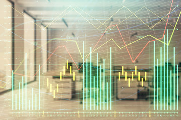 Stock and bond market graph with trading desk bank office interior on background. Multi exposure. Concept of financial analysis