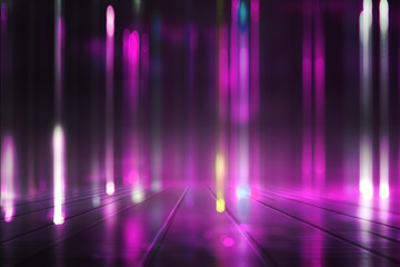 Empty dark background scene of the show. Neon ultraviolet blurry lights. Blurry lights of the night...