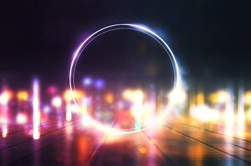 Empty dark background scene of the show. Neon ultraviolet blurry lights. Blurry lights of the night city in reflection on the surface. Smoke,  fog