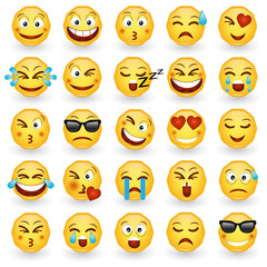 Set of characters and emojis. Collection of emoticon signs, stickers and symbols used in social media chats. Cartoon style icons smile face isolated on white background. Vector illustration