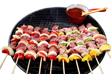 clipping paths,celebration party in family with delicious barbecued chicken,pork and beef seasoned...