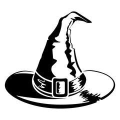 Halloween Witch hat black and white icon isolated on white background. Vector illustration
