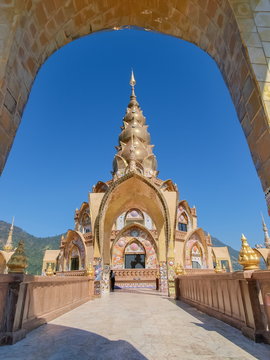 view of traditional Pagoda with blue sky background, Wat Pha Sorn Kaew, Khao Kho, Phetchabun, Thailand.