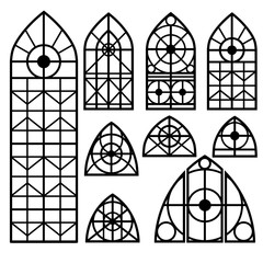 A set of vintage windows of different shapes. The elements of historical buildings for design