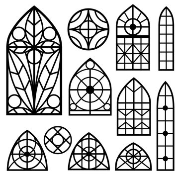 A set of vintage windows of different shapes. The elements of historical buildings for design