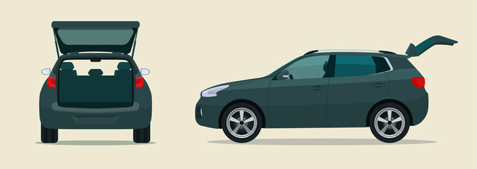 CUV car with open boot. Side and back view. Vector flat style illustration. © lyudinka