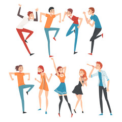 Happy People Celebrating Event Set, Smiling Young Men and Women Dancing at Party Vector Illustration