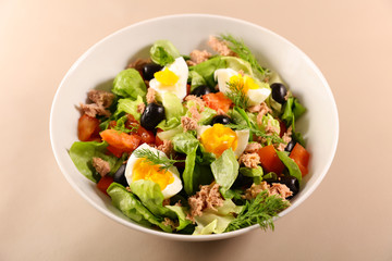 vegetable salad with tomato, egg, tuna and olive