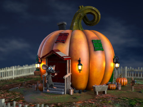 3D rendering of a cartoon mouse at a fairytale pumpkin house.
