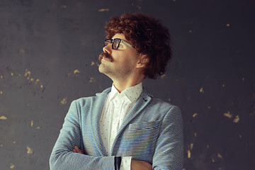 hipser teacher glasses mustache, crystal modern young teacher, brutal guy concept with mustache