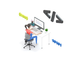 Female frontend developer sitting at a table in the modern office. Digital technology concept learning programming languages. Isometric Illustration 3d render.