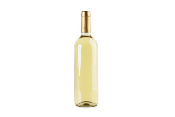 Botella de vino blanco  sobre fondo blanco aislado. Vista de frente. Copy space	