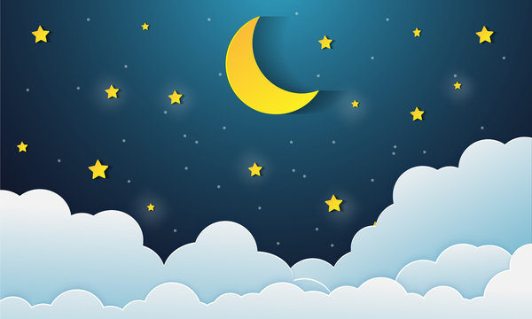night sky with stars and moon. paper art style.Vector of a crescent moon with stars on a cloudy night sky. Moon and stars background.Vector EPS 10.