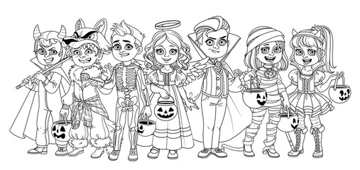 Company of children dressed in costumes of monsters and magic creatures for Halloween trick or treat outlined for coloring page