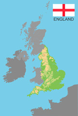 England. England is part of the UK bordered by Ireland and France. Detailed physical map of country colored according to elevation, with rivers, lakes, mountains. Vector map with national flag.