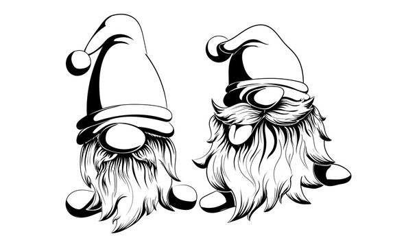 Two funny vector and bearded gnomes. One language shows the other simply in black and white style