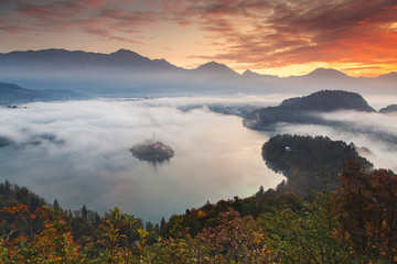 Fototapeta na wymiar Autumn aerial view of Lake Bled, Slovenia