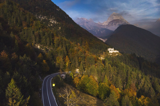 Autumn aerial view of Fort Predel, in Slovenia, at the foot of The Julian Alps