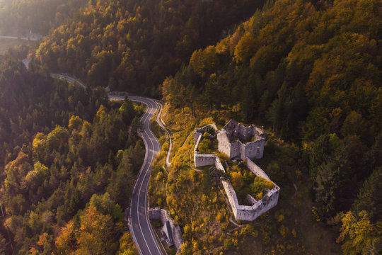 Autumn aerial view of Fort Predel, in Slovenia, at the foot of The Julian Alps