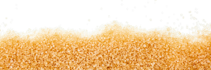 brown sugar crystals on white background, panorama