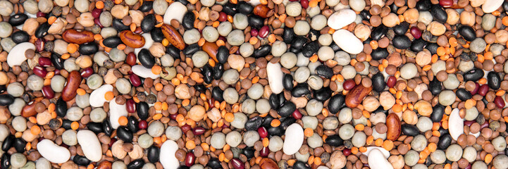Header, colorful legumes mixture, lentils, beans and peas
