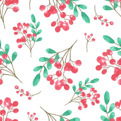  watercolor pattern with mountain ash. Winter berries.