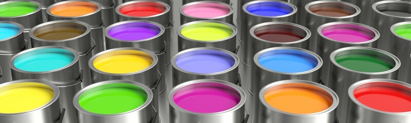 Open paint cans with various colors.