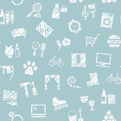 Shops, seamless pattern, monochrome, hatching, blue, vector. Different product categories. Imitation of pencil hatching. White icons on a blue field.  