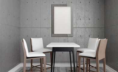 View of the meeting room. Table and chairs. Concrete walls. Open space. Blank paintings.  Mockup. 3D rendering