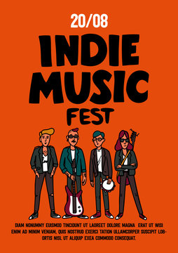 Indie Music Festival Poster Or Flyer Template. Illustration Of Musicians And And Indie Rock Fest Inscription On Yellow Background. Template For Banner, Card, Poster. Vector.