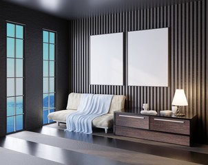 Two empty frames on the wall. Template for advertising, lettering, photos and paintings. Room with sofa and table. 3D rendering.