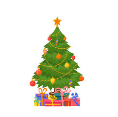 Christmas tree decorated vector illustration. Star, decoration balls and light bulb chain