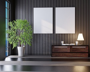 Template of an empty frame on a wall in a room with dark walls. Poster template. 3D rendering.
