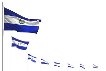 pretty holiday flag 3d illustration. - El Salvador isolated flags placed diagonal, image with selective focus and space for text