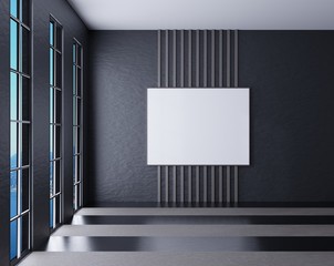 Template of an empty frame on a wall in a room with dark walls. Poster template. 3D rendering.
