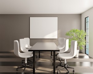 Template of an empty frame on a wall in a room with dark walls. Poster template. 3D rendering.