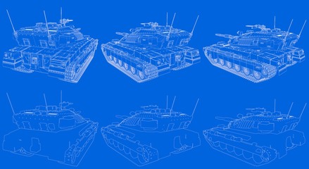 blueprint of outlined isolated 3D heavy tank with not existing design, high resolution military concept - military 3D Illustration