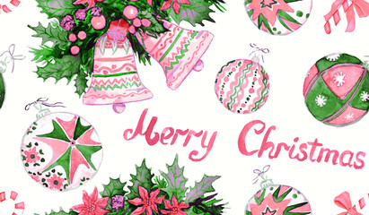 Christmas decorations and greetings, pink and green colors palette, hand painted watercolor illustration, seamless pattern design on white background - 298836111