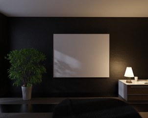 Template of an empty frame on a wall in a room with dark walls. Poster template. 3D rendering.