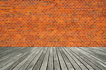 Texture red brick and wooden planks