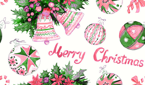 Christmas decorations and greetings, pink and green colors palette, hand painted watercolor illustration, seamless pattern design on white background