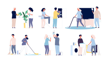 Fototapeta na wymiar Household family. People cleaning his home rooms happy male female working vector characters. Illustration woman and man do housekeeping, cleaner housework