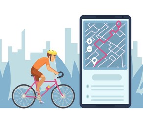 Navigation concept. Mobile city map navigation app. Cartoon character cyclist rides on online map vector illustration. City bike road, cyclist transport location gps