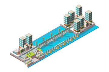 Urban river. City landscape with low poly buildings and bridge big viaduct vector isometric. Bridge over river in city, urban architecture illustration