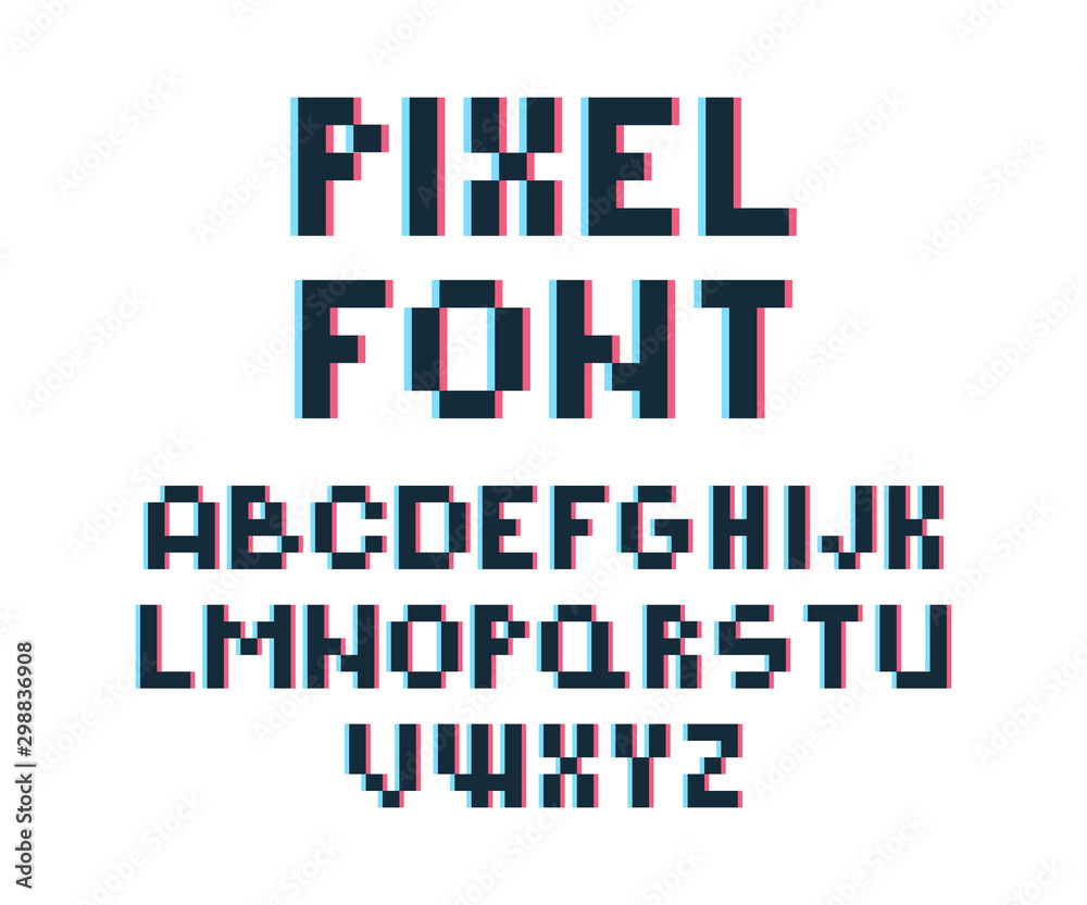 Poster pixel font. retro video game 80s vintage computer typography letters and numbers vector font distort