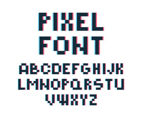 Pixel font. Retro video game 80s vintage computer typography letters and numbers vector font distortion. Alphabet game pixel font, letter type 80s for arcade illustration
