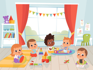 Children playing room. Little new born or 1 years baby with toys indoors vector kids characters. Kindergarten room with kids play with toys illustration
